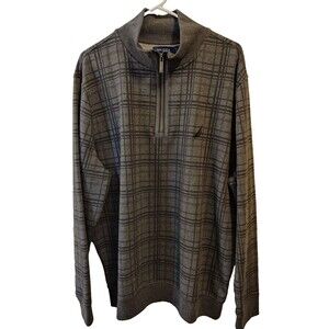 Nautica Pullover 1/4 Zip Sweater Men's Size XL-Large Plaid Dark Gray-Soft